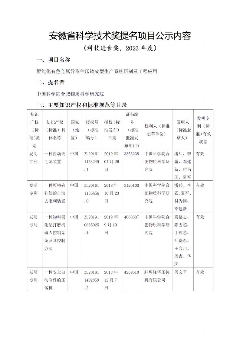 公示材料-科技進步獎-智能化有色金屬異形件壓鑄成型生產(chǎn)系統(tǒng)研制及工程應(yīng)用